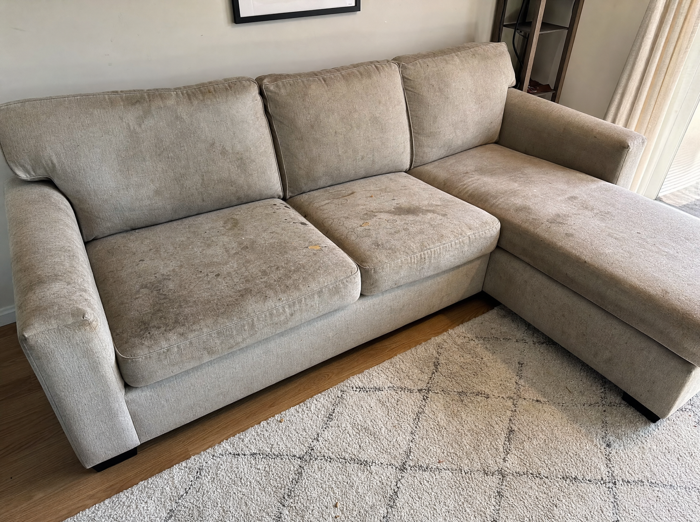 Stained sofa before cleaning
